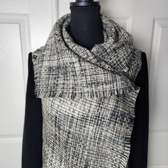 Anne Klein Wool Blend Tweed Jacket Shawl Scarf Collar Luxe Modern Coastal Chic M - Picture 4 of 14